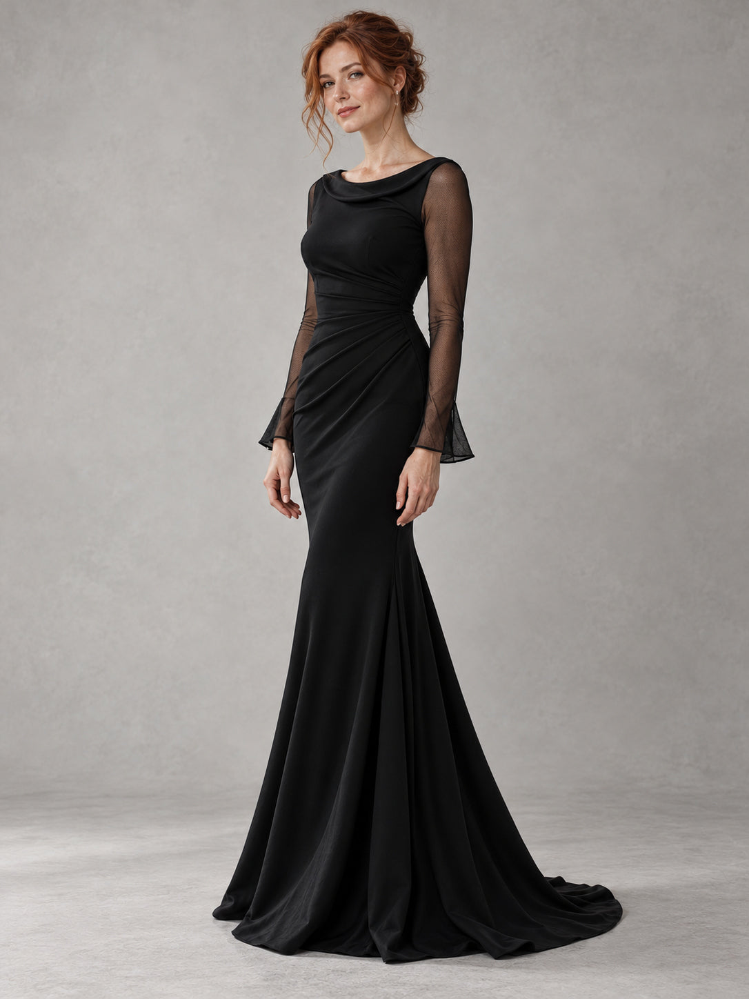Black Boat Neck Long Sleeve Mermaid Gown