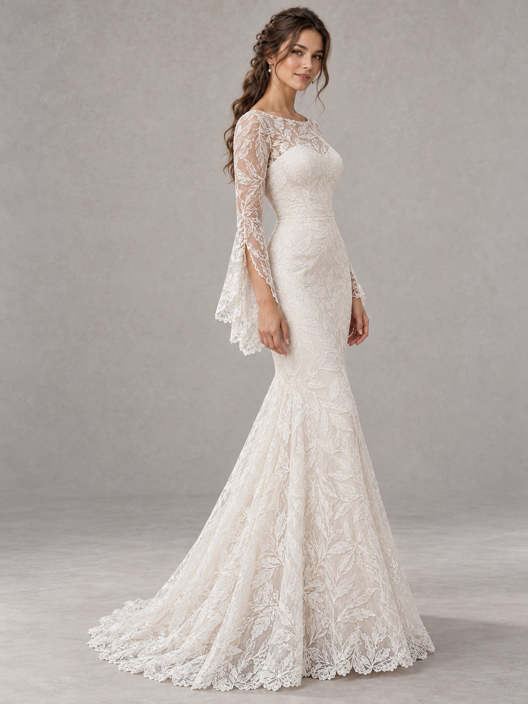Soft White Leaf Lace Bell Sleeve Mermaid Gown