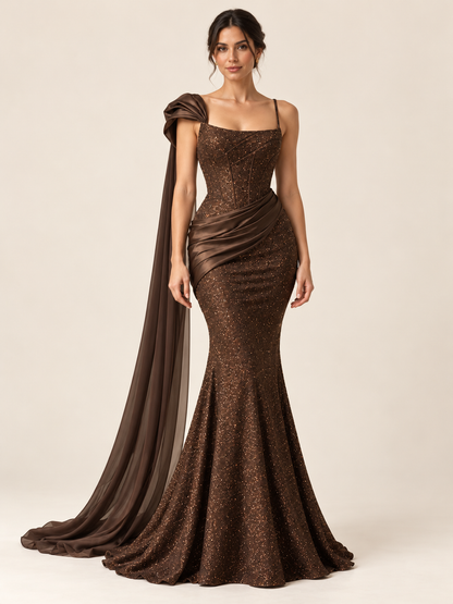 Espresso Shimmer Corset Mermaid Evening Gown