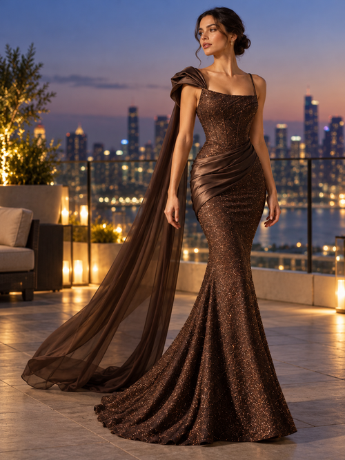Espresso Shimmer Corset Mermaid Evening Gown