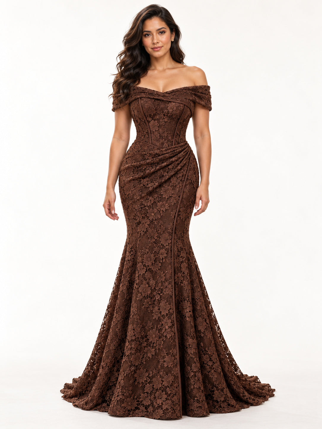 Cocoa Brown Folded Neck Lace Mermaid Gown