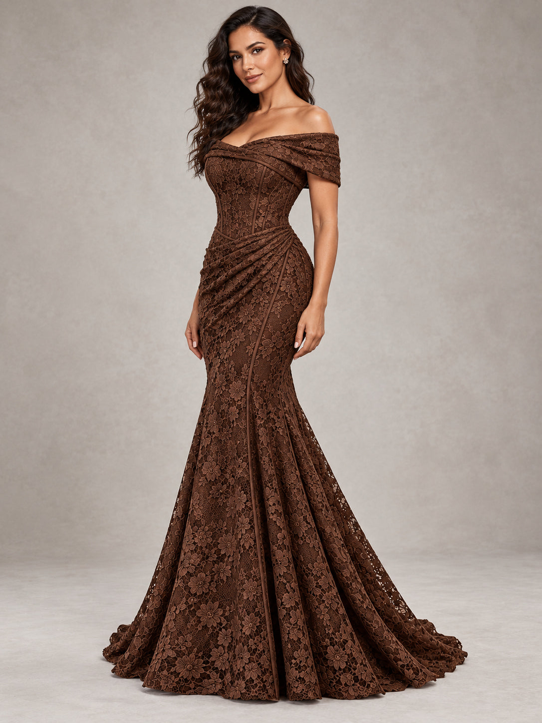 Cocoa Brown Folded Neck Lace Mermaid Gown