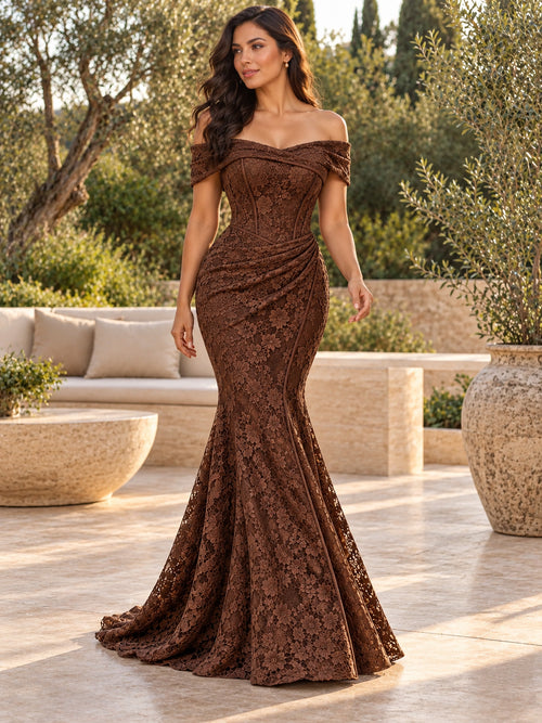 Cocoa Brown Folded Neck Lace Mermaid Gown