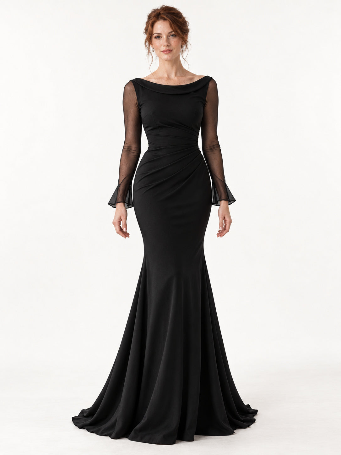 Black Boat Neck Long Sleeve Mermaid Gown