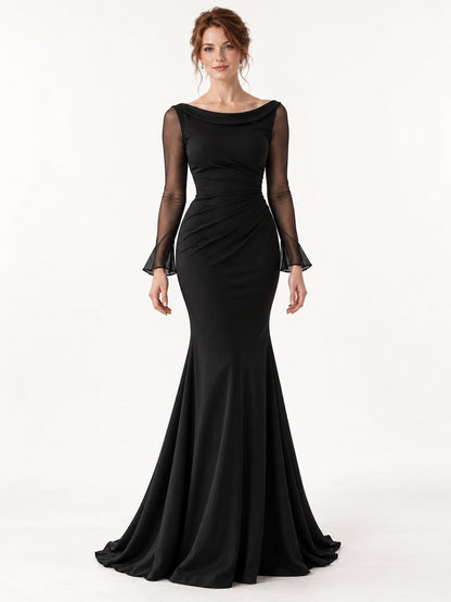 Black Boat Neck Long Sleeve Mermaid Gown