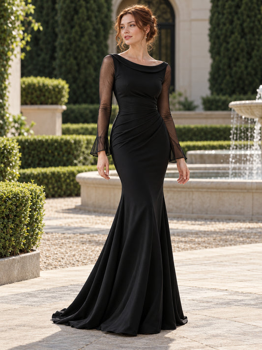 Black Boat Neck Long Sleeve Mermaid Gown