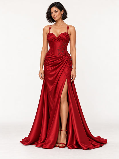 Ruby Red Petal Neck Satin Evening Gown