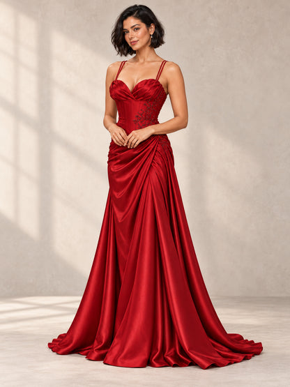 Ruby Red Petal Neck Satin Evening Gown