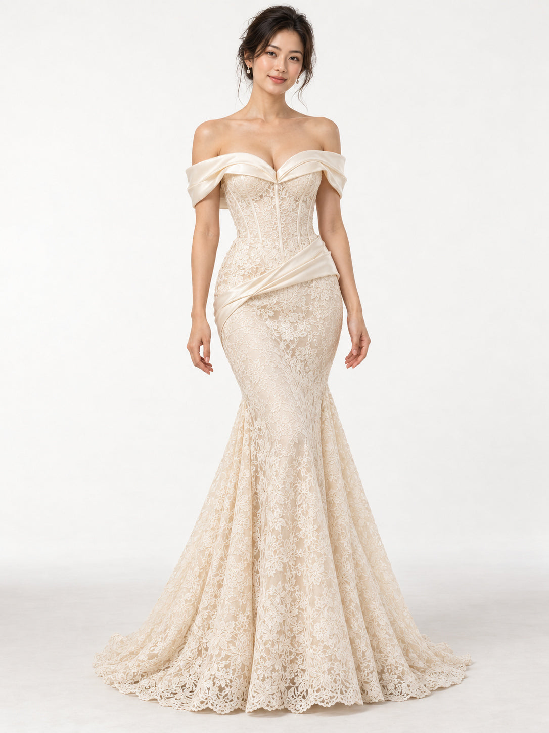 Ivory Off Shoulder Lace Mermaid Gown