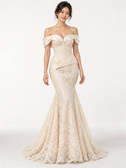 Ivory Off Shoulder Lace Mermaid Gown