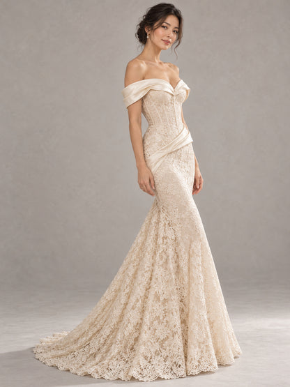 Ivory Off Shoulder Lace Mermaid Gown