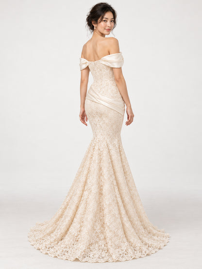 Ivory Off Shoulder Lace Mermaid Gown