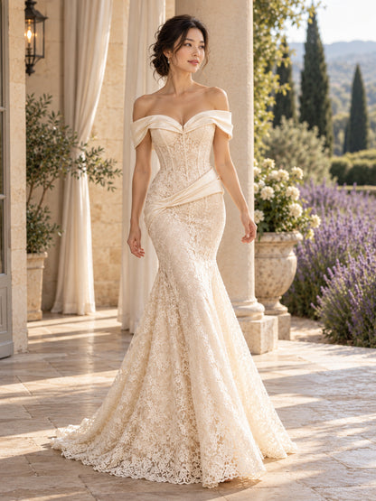 Ivory Off Shoulder Lace Mermaid Gown