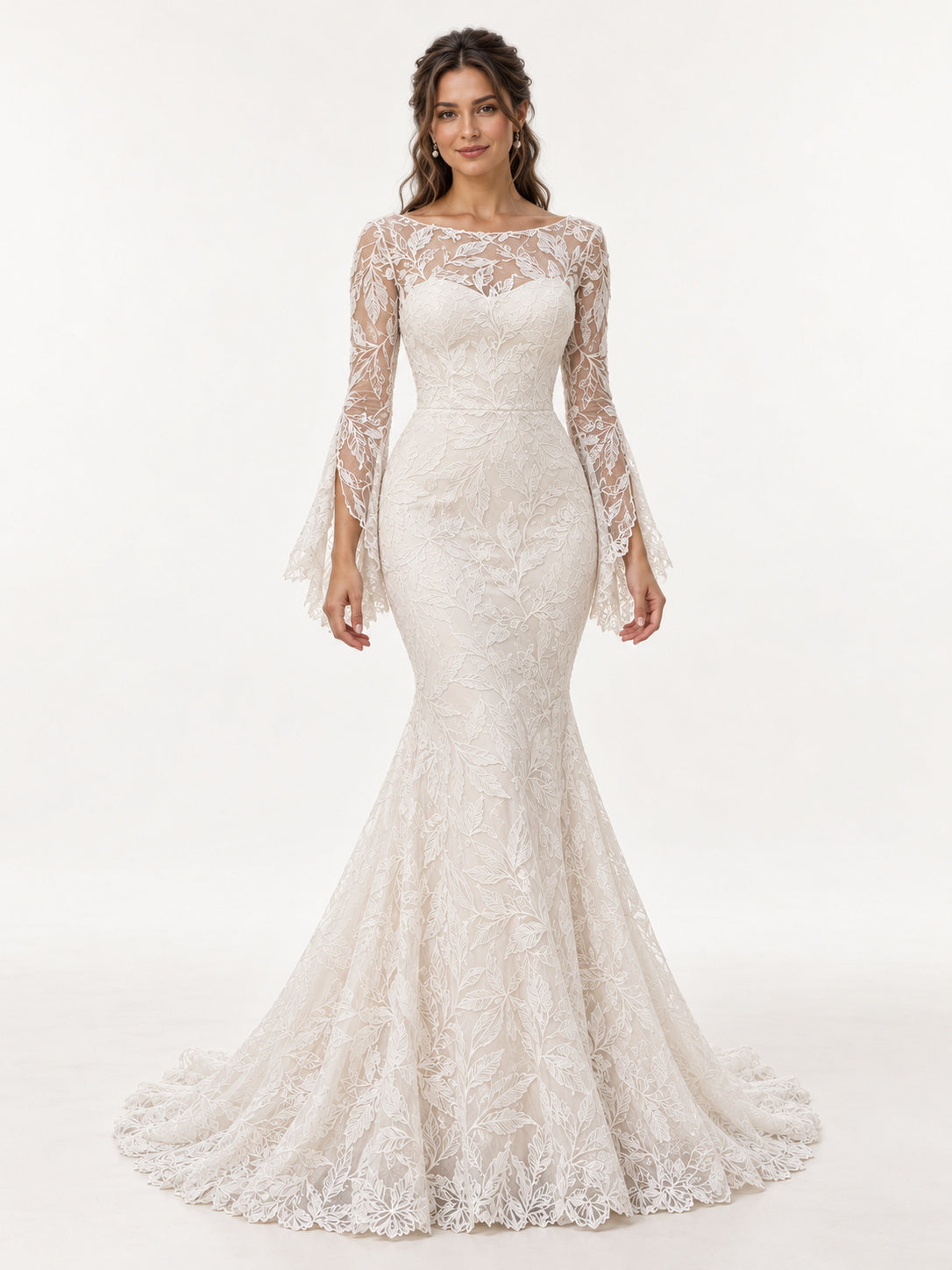 Soft White Leaf Lace Bell Sleeve Mermaid Gown
