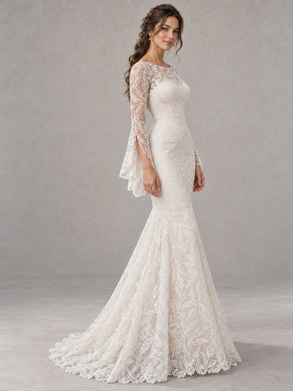 Soft White Leaf Lace Bell Sleeve Mermaid Gown
