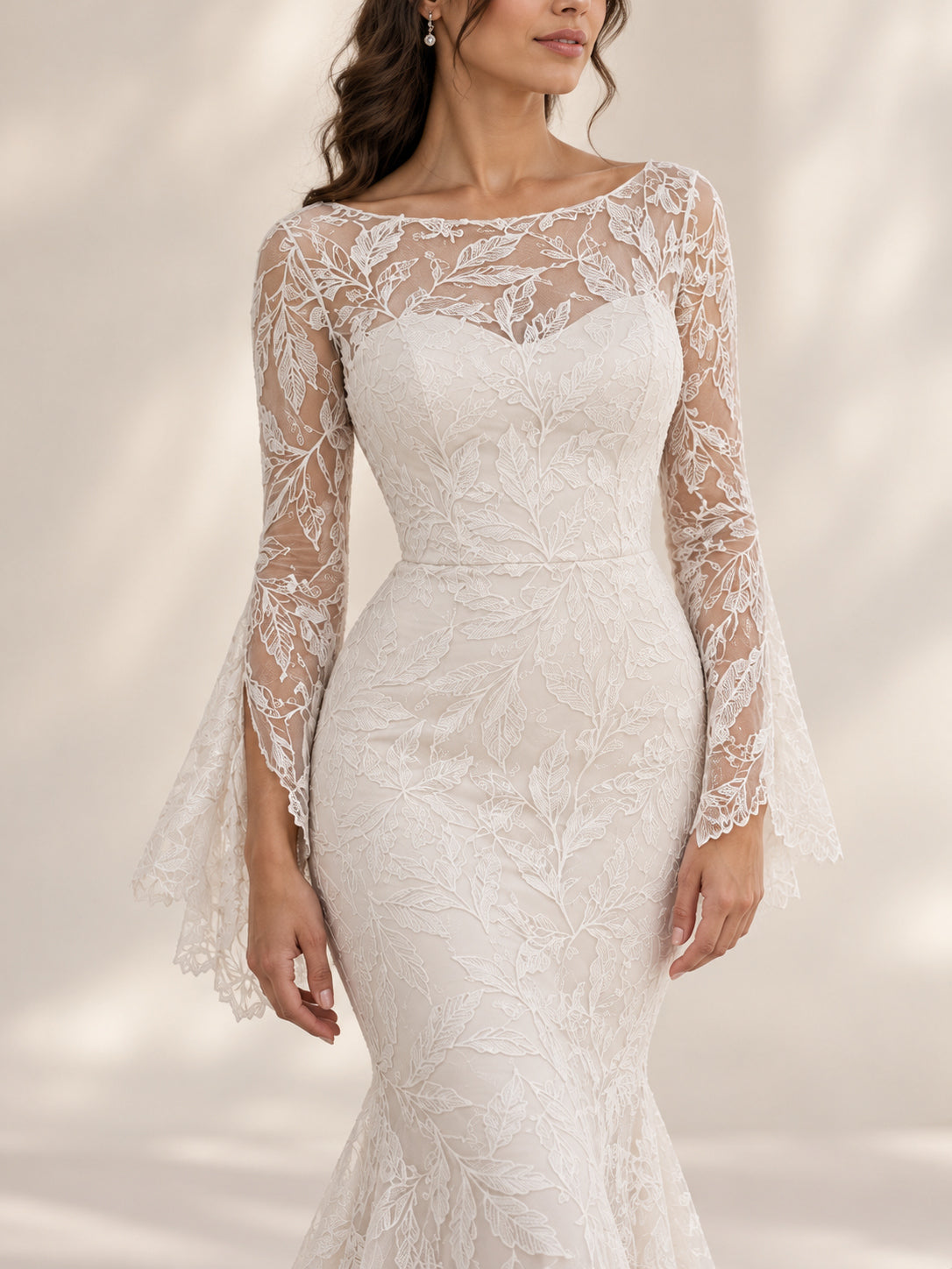 Soft White Leaf Lace Bell Sleeve Mermaid Gown