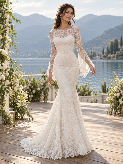 Soft White Leaf Lace Bell Sleeve Mermaid Gown