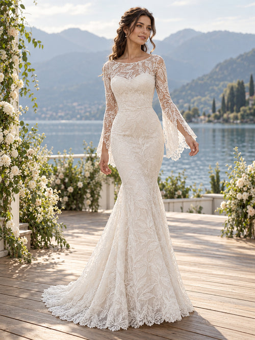 Soft White Leaf Lace Bell Sleeve Mermaid Gown