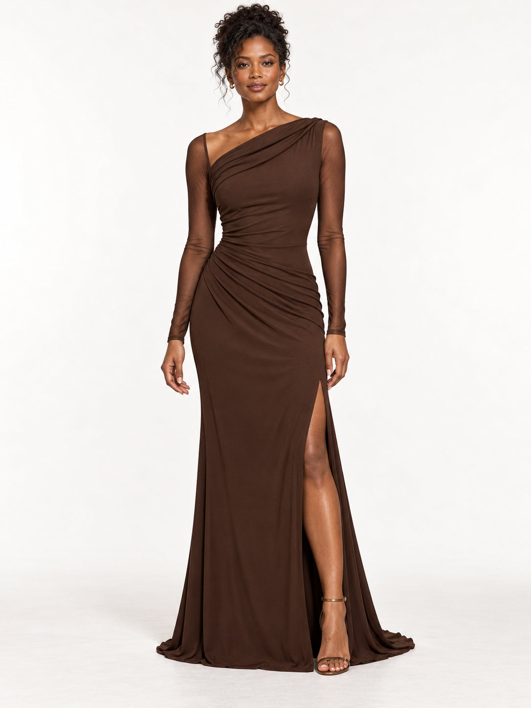 Espresso Ruched Mesh Long Sleeve Evening Gown