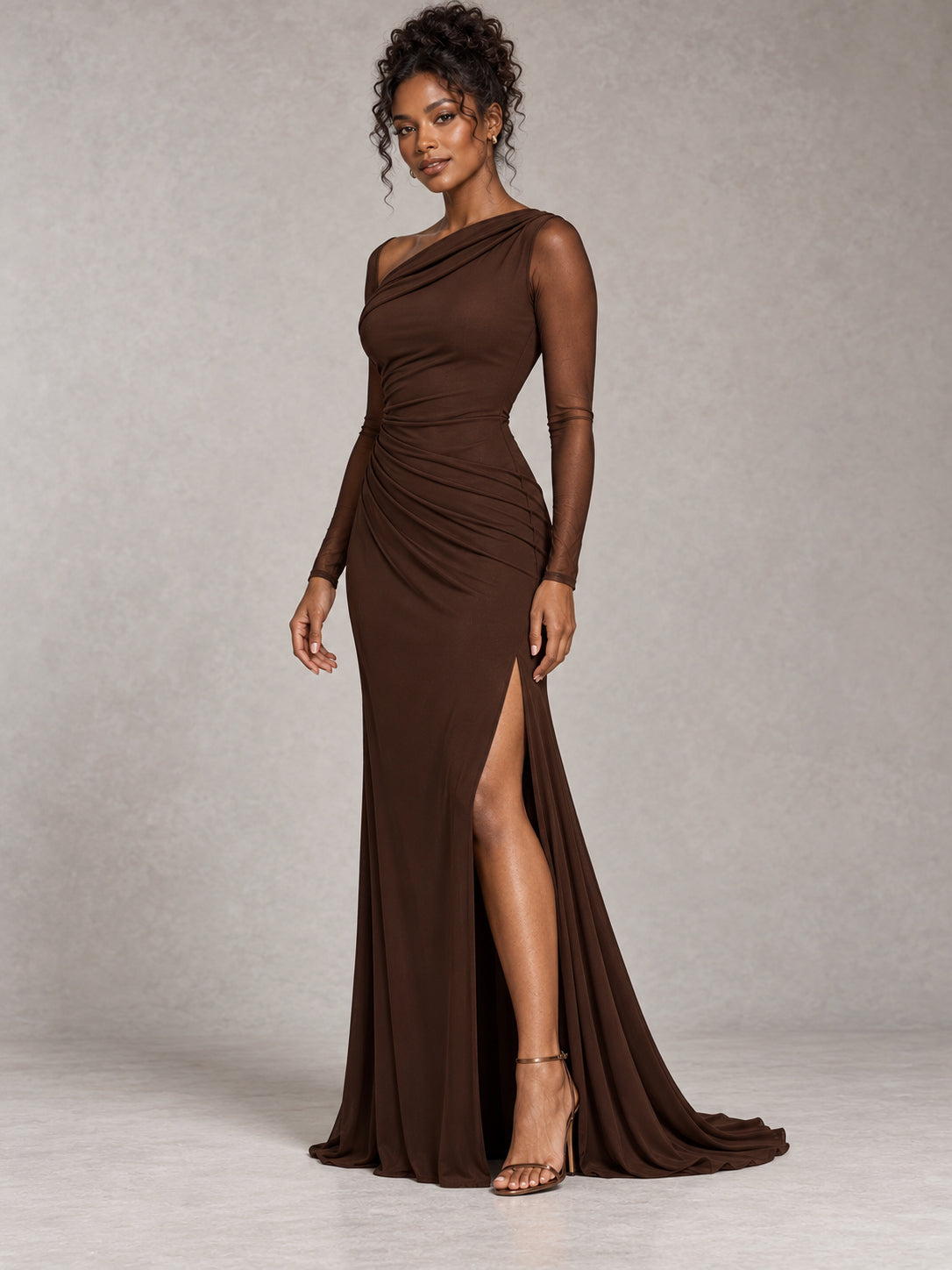 Espresso Ruched Mesh Long Sleeve Evening Gown