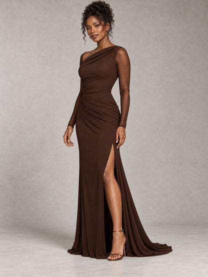 Espresso Ruched Mesh Long Sleeve Evening Gown