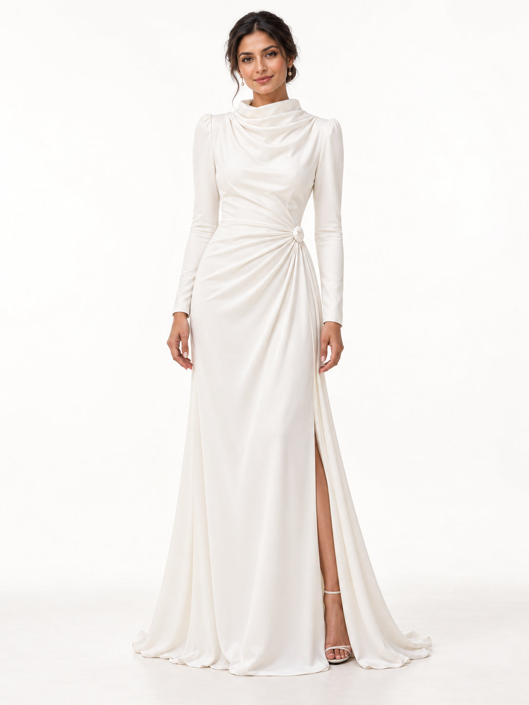 White Draped Cowl Neck Long Sleeve Gown