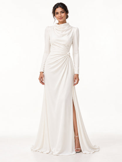 White Draped Cowl Neck Long Sleeve Gown