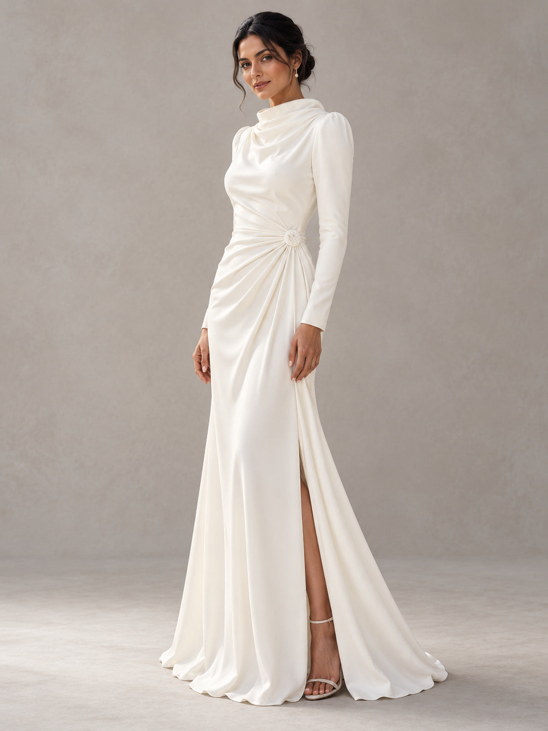 White Draped Cowl Neck Long Sleeve Gown