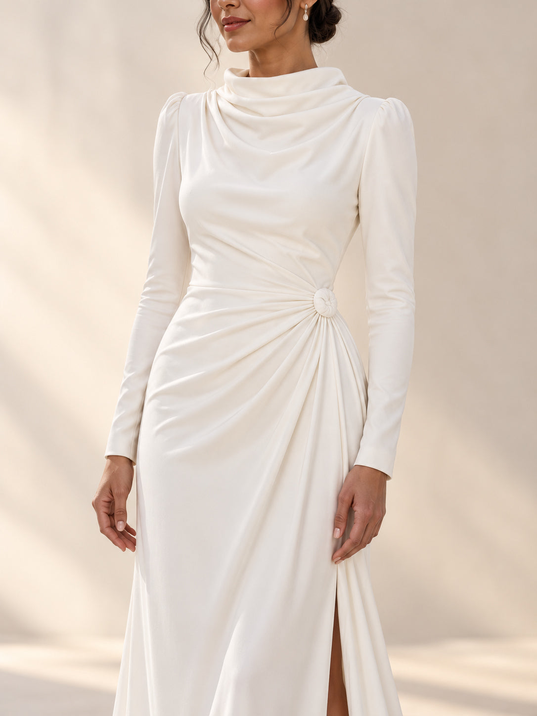 White Draped Cowl Neck Long Sleeve Gown