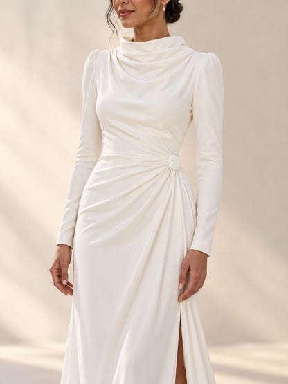 White Draped Cowl Neck Long Sleeve Gown