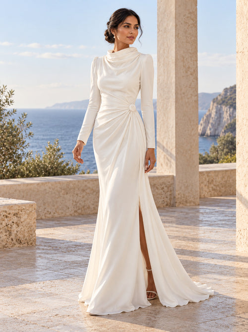 White Draped Cowl Neck Long Sleeve Gown